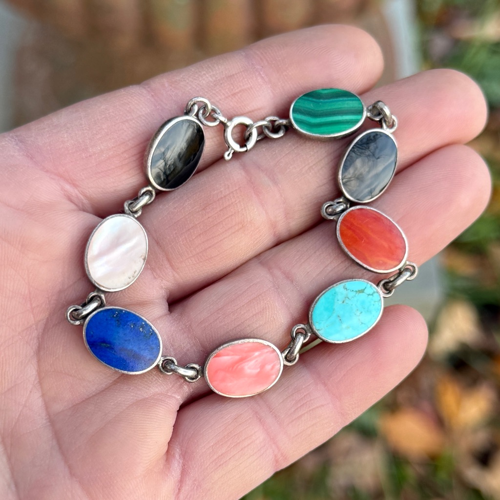 Vintage Sterling Silver Multigemstone Inlay Link Bracelet By Boma 75 75$